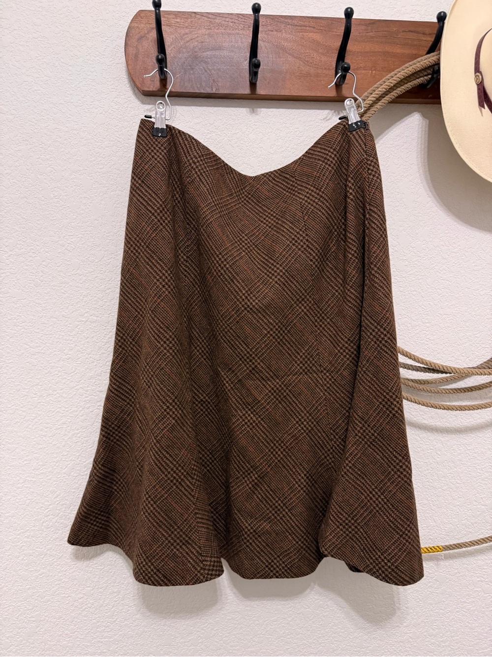 Vintage Chaps Brown Plaid 75% Wool Bias Cut Flared Midi Skirt – Size 12